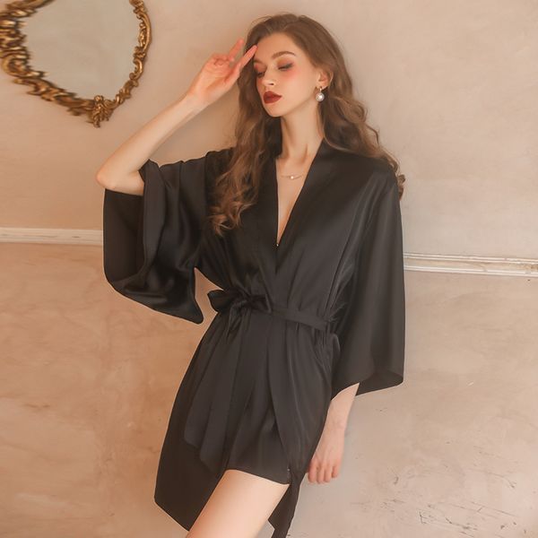 Lace Solid Color suspender Babydoll and Lace up Robe Suit
