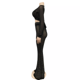 Rhinestone Mesh Clubwear Sexy Crop Top And Pants