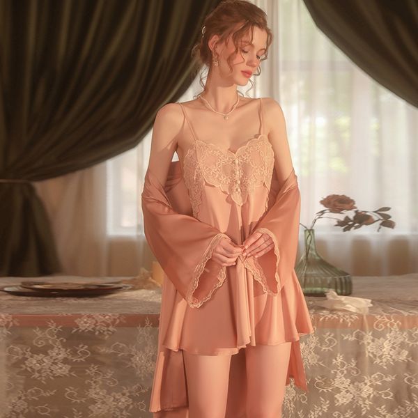 Backless Sling Nightdress Cardigan Robe Suit