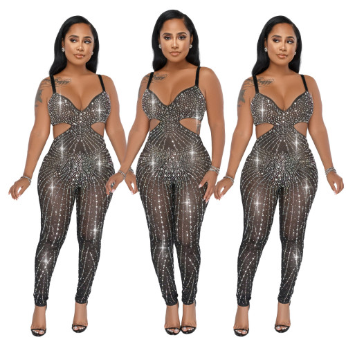 IHOOV Women Sexy Beaded Mesh Straps Sleeveless Jumpsuit