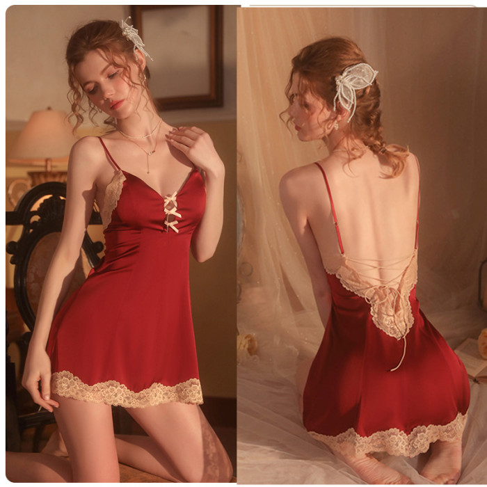 Backless Lace Up Sling Nightdress Robe Suit
