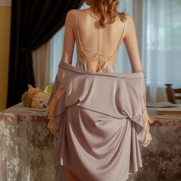 Backless Lace Up Sling Nightdress Robe Suit