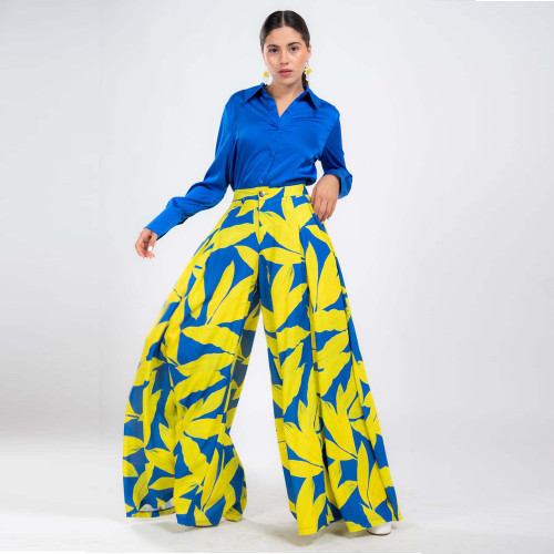 Loose Casual Printed Shirt Top Wide Leg Pants Two Piece Set