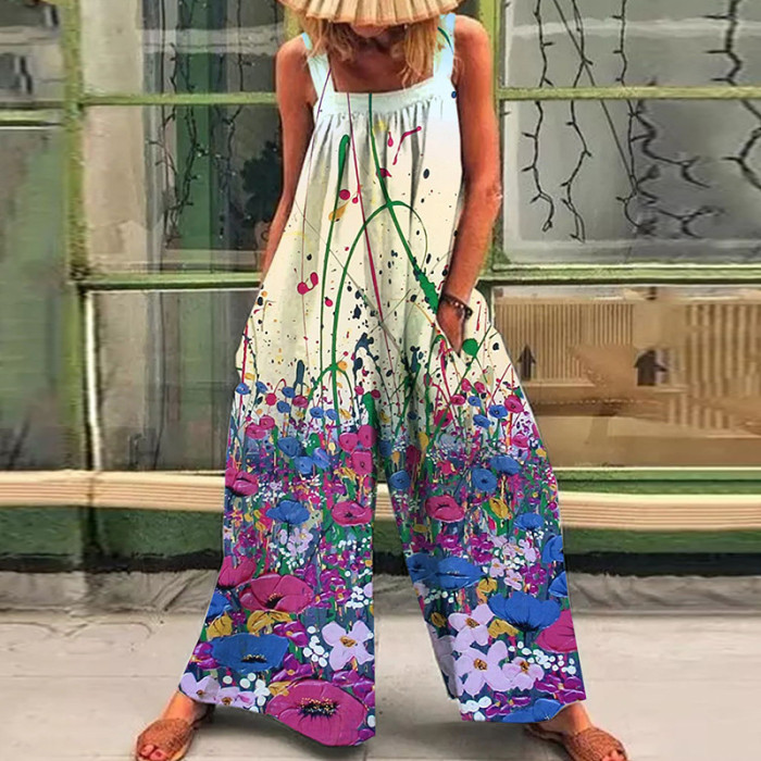 Fashion Printed Loose Strap Wide Leg Jumpsuit