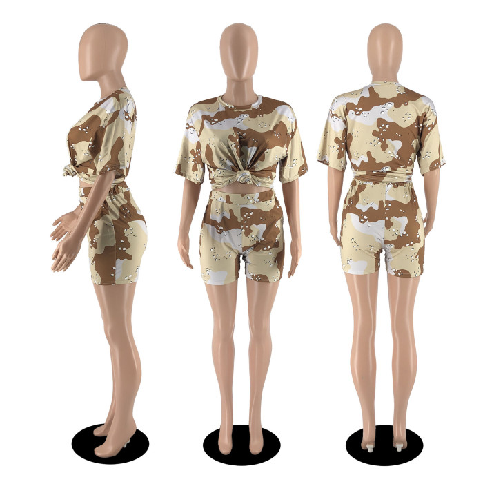 Women Letter Camouflage Shorts Set