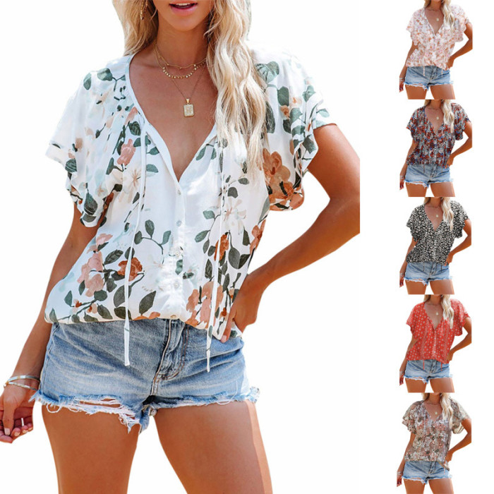 Women Summer Ruffle Short Sleeve Shirts Casual V Neck Chiffon Blouse Tank Tops