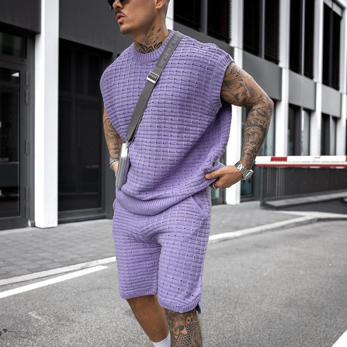 Summer Men Fashion Outfits Knitted Solid Color Loose Two Piece Sets Mens Casual O Neck Pullover And Shorts Suits
