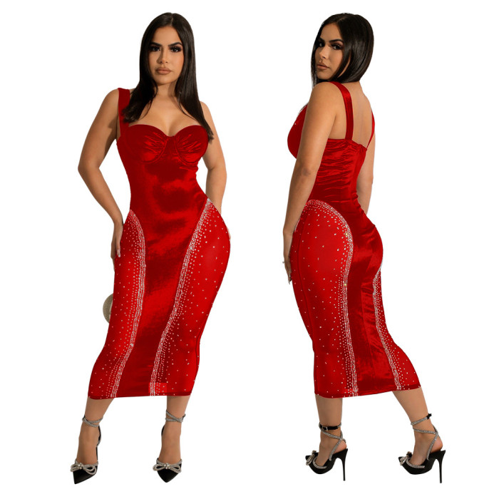 Velvet Stitched perspective polyester Mesh hot drill Midi Dress