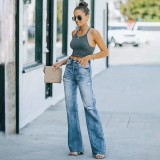 Blue High Rise Elastic Washed Distressed Flare Jeans