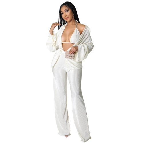 Sexy Bikini Top Wide Leg Pants Suits 3 Piece Set