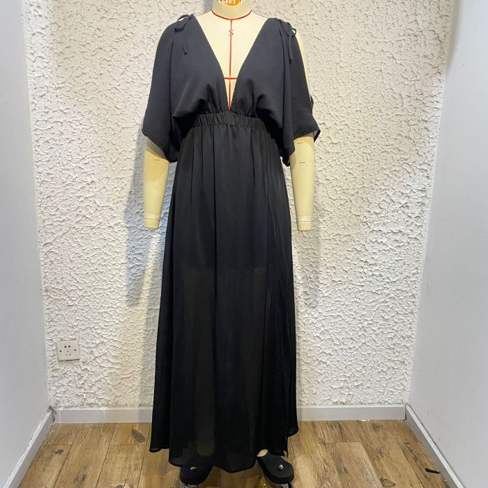 V-neck Waist Closed Solid Dress With Large Hem