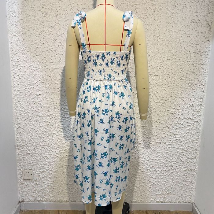 Sexy Printed Split Pleated Suspender Dress