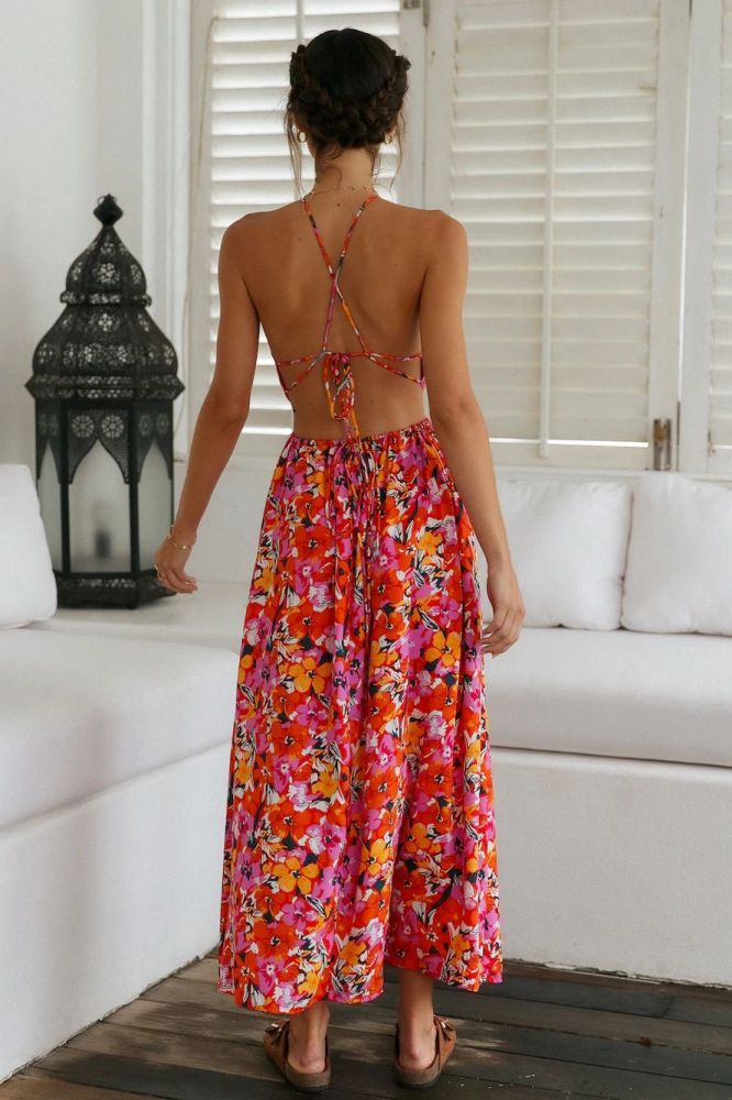 Holiday Sexy Drawstring Hollowed Out Middle Waist Floral Side Slit Dress