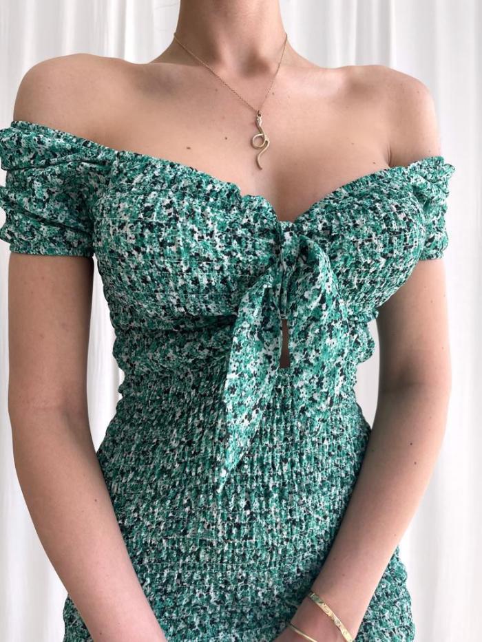 Off Shoulder Women Printing Dress Lace-Up Ruched Green Dress Puff Sleeves