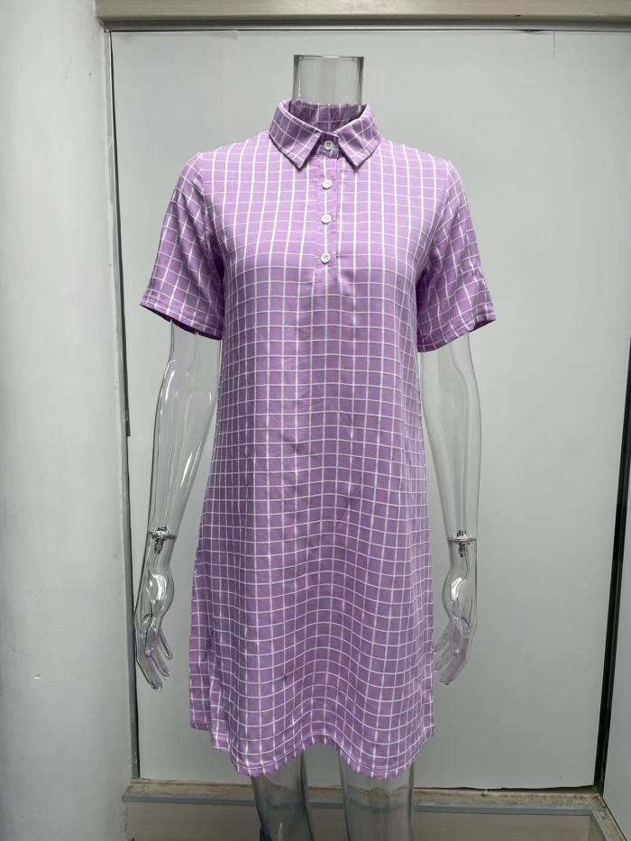 Plaid Short Sleeve Polo Shirt Dress