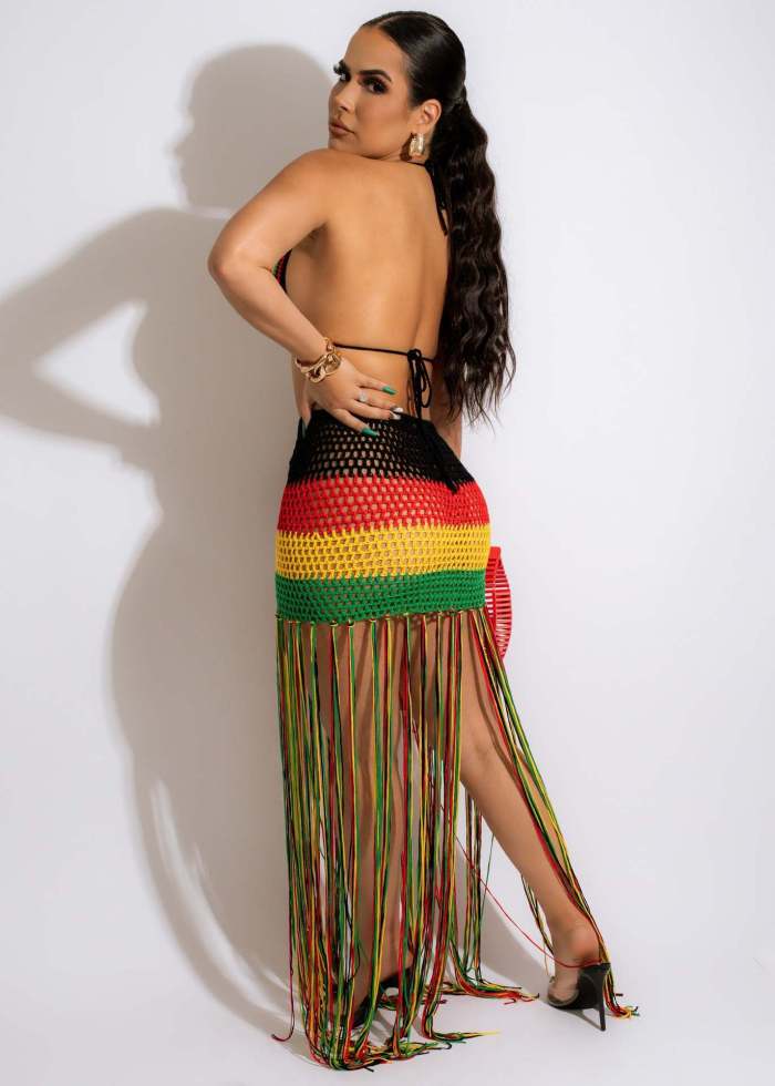 Woven Color Matching Tassel Beach Skirt