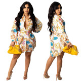 Casual Printed Shirt Skirt With Belt