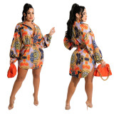 Casual Printed Shirt Skirt With Belt