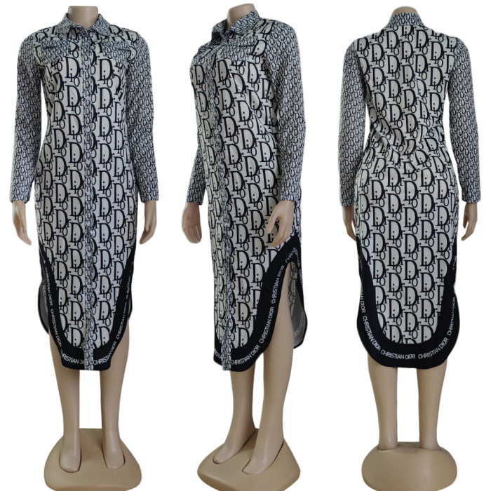 Casual Printed Turndown Neck Long Sleeve Mid Dress