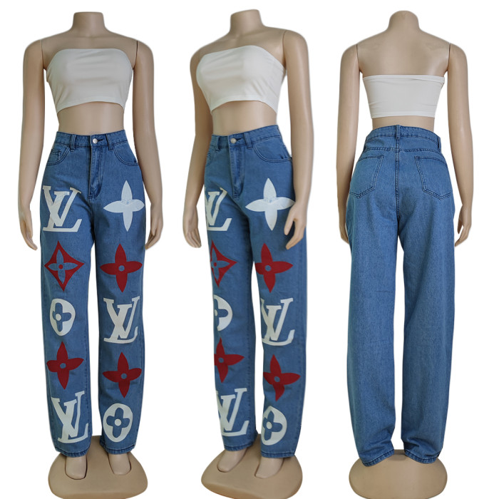 Casual Offset Printing Denim Trousers High Waist Washed Jeans