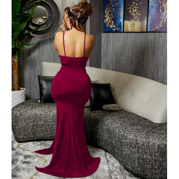 Fashion Solid Color Elegant Sexy V-Neck Sling Low Back Irregular Dress Long Dress 