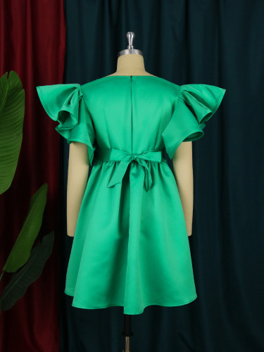 High Waist Fluffy Solid Color Bubble Short Sleeve V-neck Mini Dress