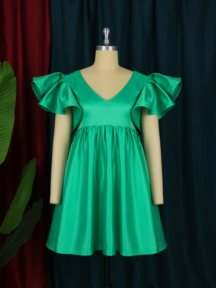 High Waist Fluffy Solid Color Bubble Short Sleeve V-neck Mini Dress
