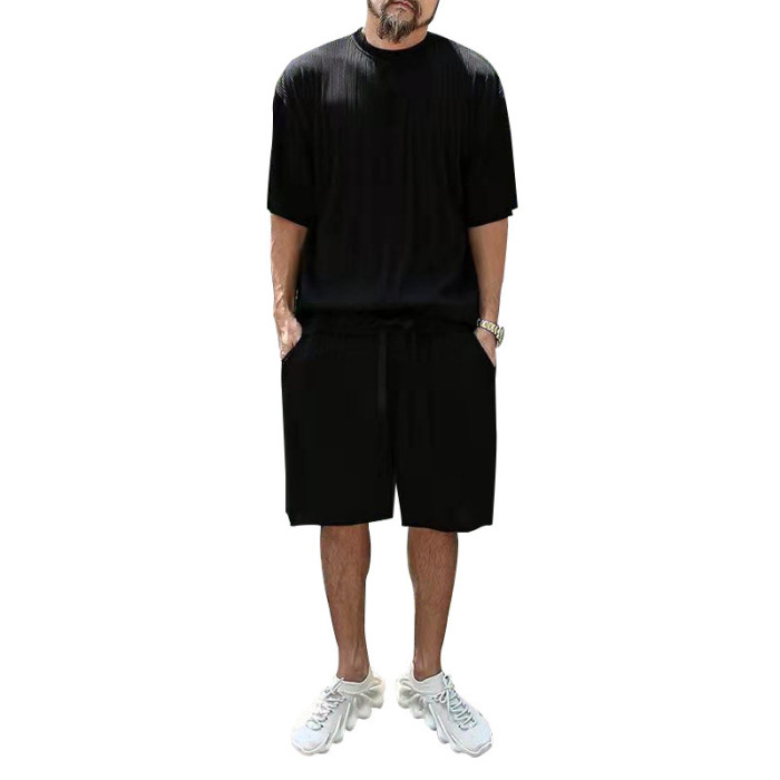 Men's Vertical Stripe Loose Short Sleeved Shorts Holiday Casual Sports Suit