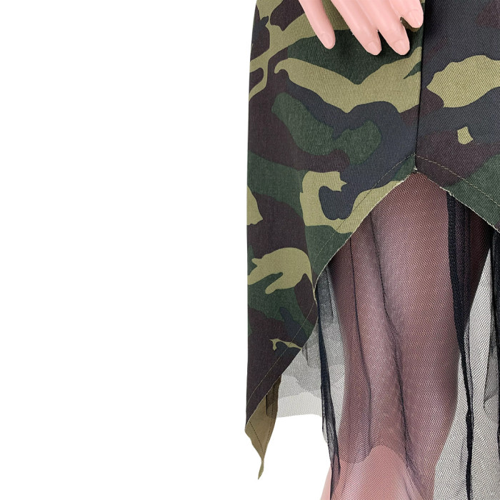 Camouflage Splicing Mesh Irregular Short Dress