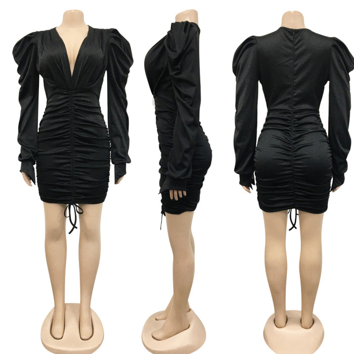 Drawstring Stacked Bodycon Midi Dress