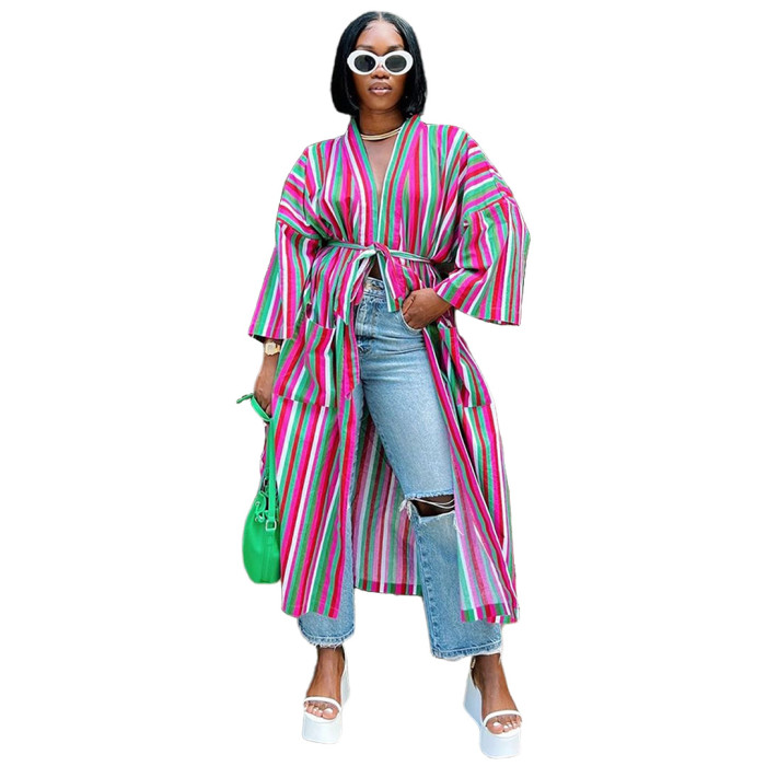 Colorful Striped Print Blouses Long Cardigan