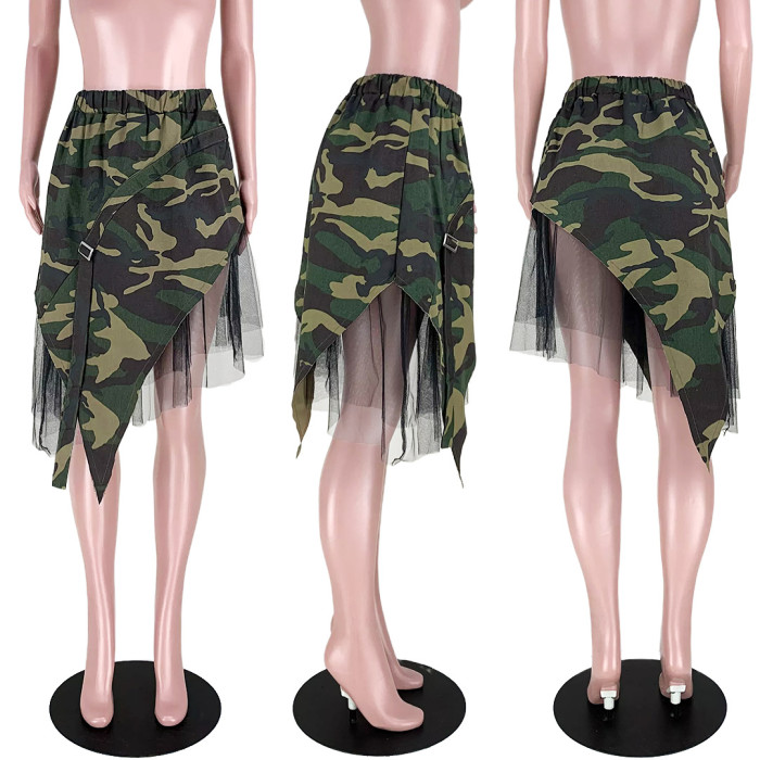 Camouflage Splicing Mesh Irregular Short Dress
