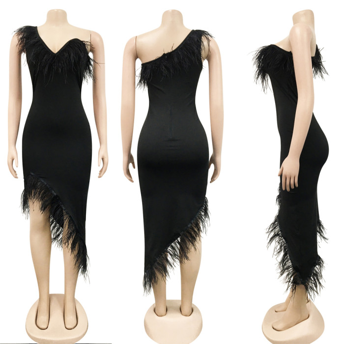 Strapless Sexy Irregular Bodycon Midi Dress With Feather