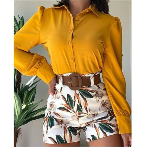 Elegant Blouse Top 2 Piece Floral Short Set With Belt