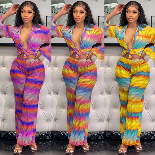 Lady Suit Colorful Striped  Crop Top 2 Piece Pant Set 