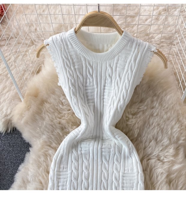 Sleeveless Vest Knitted Round Neck Irregular Wool Dress