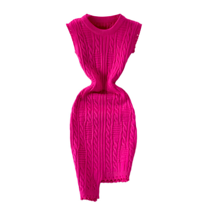 Sleeveless Vest Knitted Round Neck Irregular Wool Dress