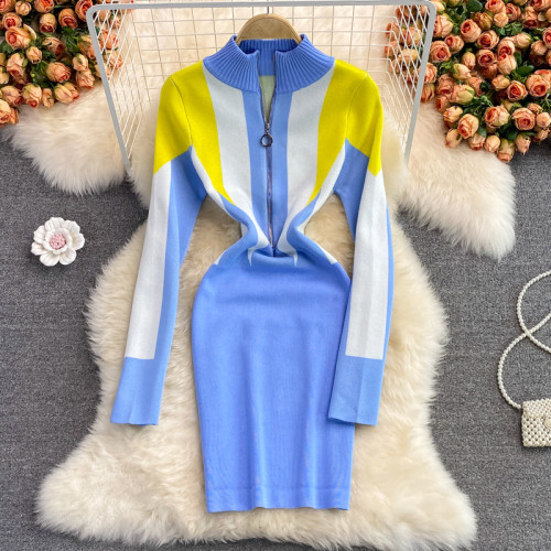 Autumn Contrast Elastic Knitted Zipper Mock Neck Dress