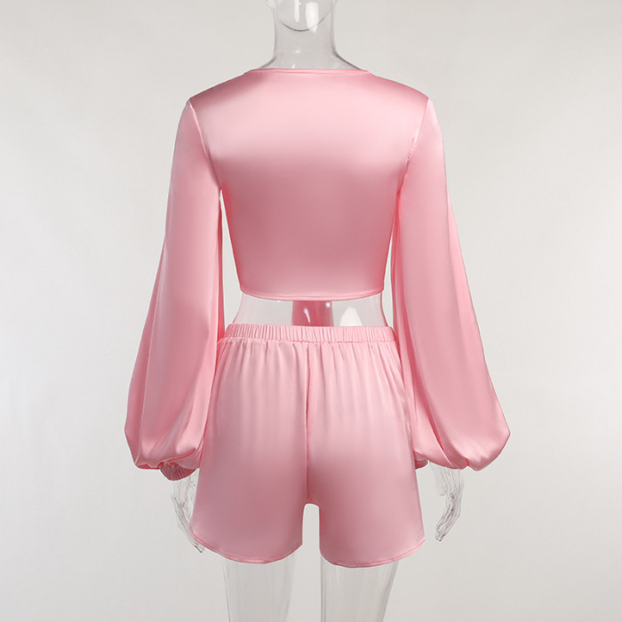 Pink Long Sleeve Bandage Top Sexy Shorts Set