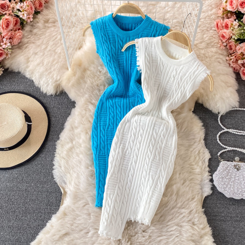 Sleeveless Vest Knitted Round Neck Irregular Wool Dress