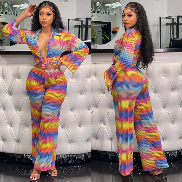 Lady Suit Colorful Striped  Crop Top 2 Piece Pant Set 