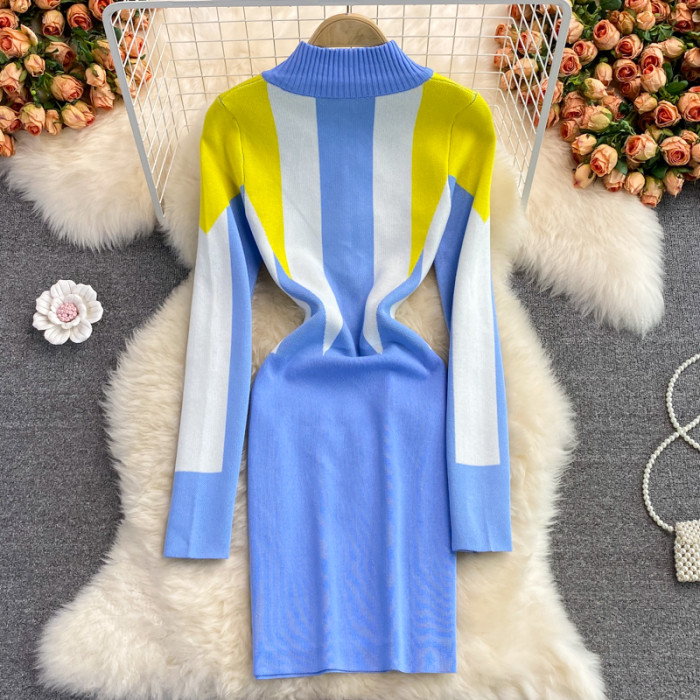 Autumn Contrast Elastic Knitted Zipper Mock Neck Dress