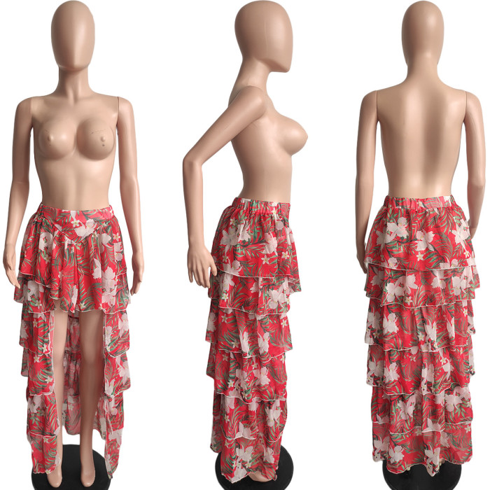 Floral Print Chiffon Maxi Pleated Skirt 