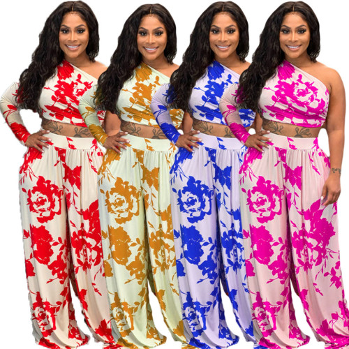 Floral One Shoulder Top 2 Piece Wide Leg Pant Set