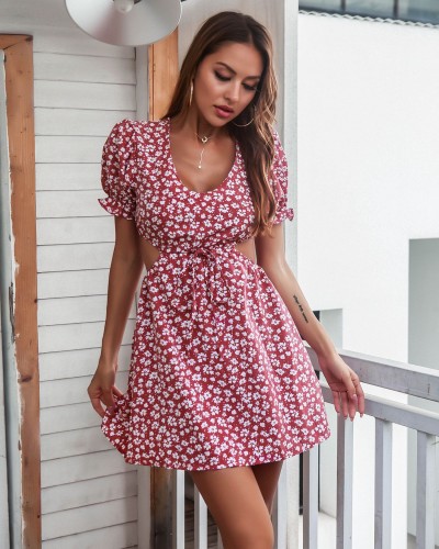 Bubble Sleeve Waist Cut out Floral Dress