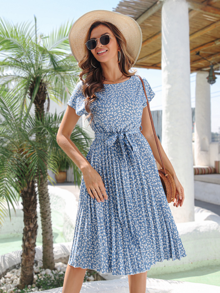 Short Sleeved Lace up Pleated Floral Dress