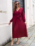Cross V-neck Pleated Midi Dress