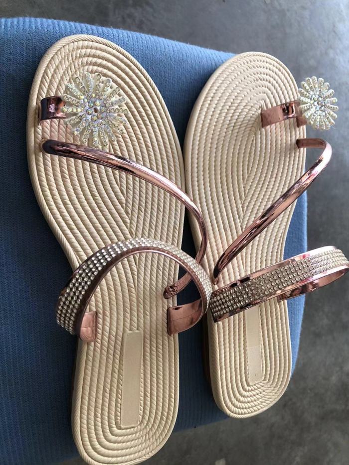 Gold Rhinestone Toe Ring Flat Sandals