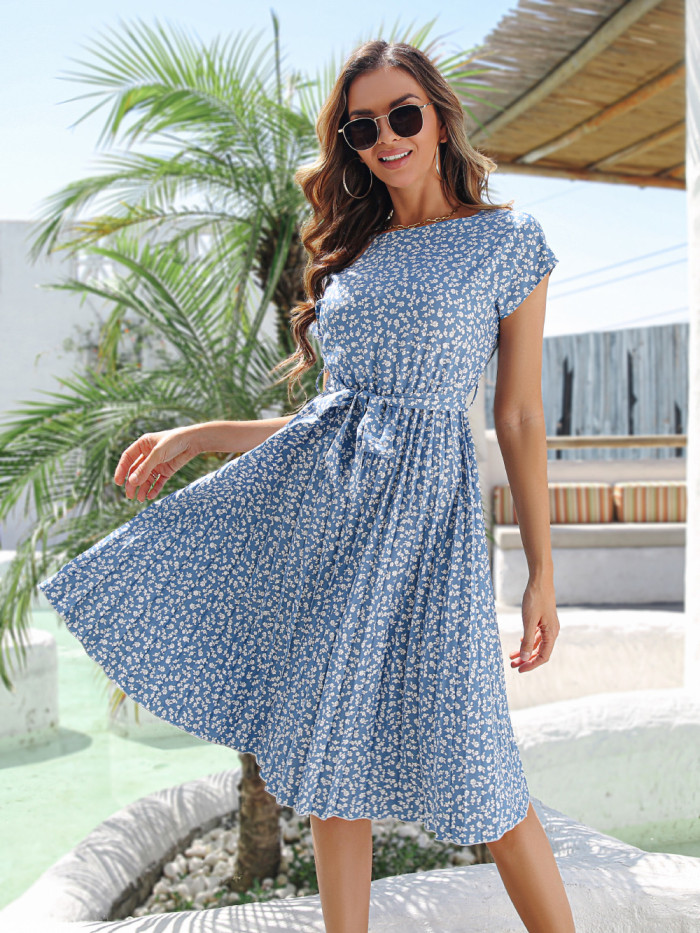 Short Sleeved Lace up Pleated Floral Dress
