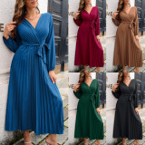 Cross V-neck Pleated Midi Dress